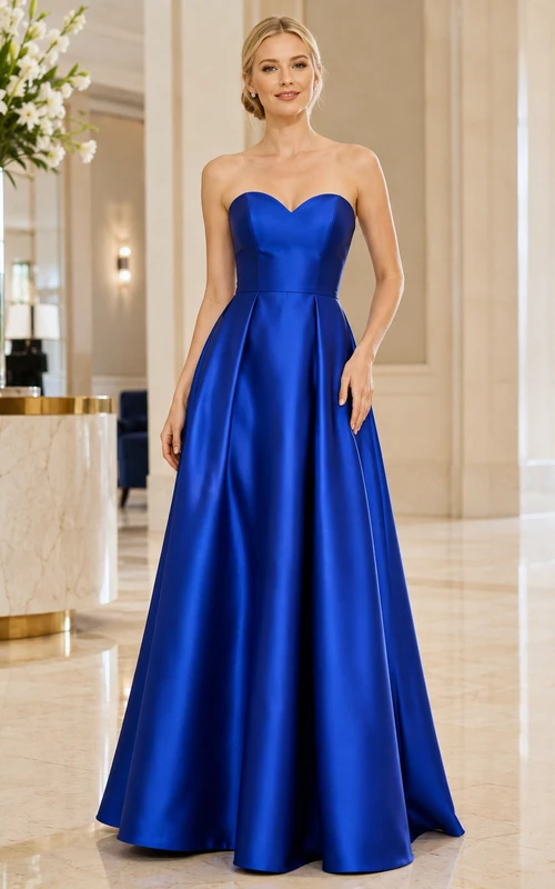 Royal Blue Strapless Satin A Line Formal Dress