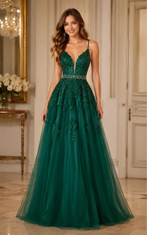 Vestido de fiesta de tul en verde oscuro, tirantes finos, escote en V, corte en A, largo hasta el suelo, con apliques y pedrería.