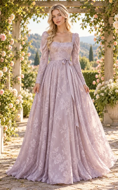 Renaissance Lavender Square Neck Long Sleeve Floral Lace Bridesmaid Dress
