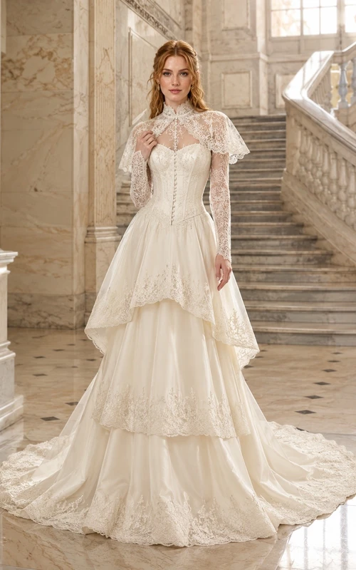 Vestido de novia vintage romántico de manga corta, cuello alto, corte en A, encaje y volantes, color marfil.