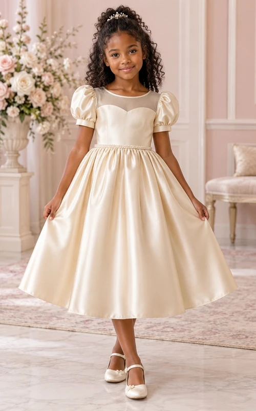 Tea-length Champagne A-line Satin Puff-sleeve Illusion-Neck Gathered Bow-back Flower Girl Dress