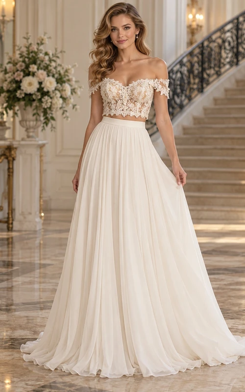 Two Piece Off Shoulder Floral Crop Pleated Chiffon Wedding Dress