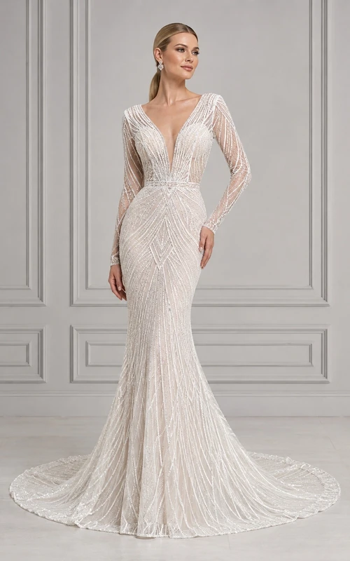 Vestido de novia elegante de sirena con lentejuelas y mangas largas