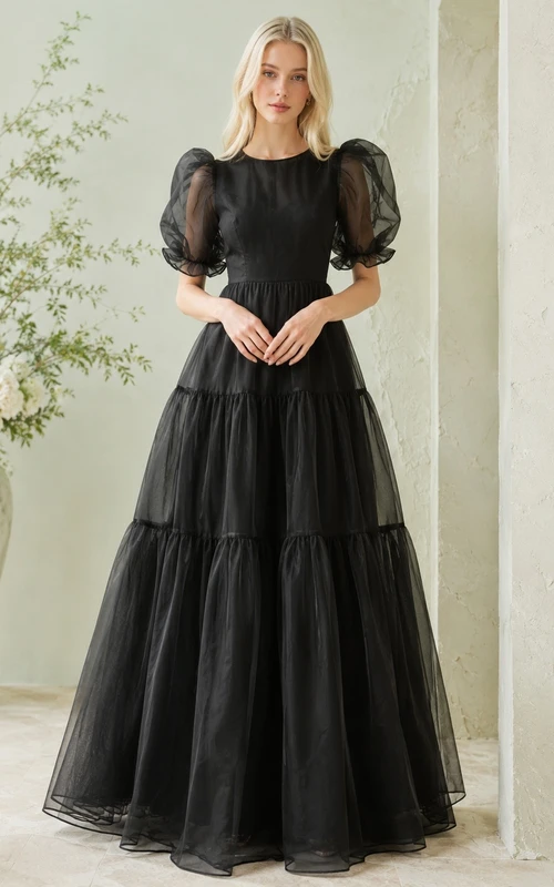 Black Tulle Square Neck Puff Sleeve Tiered A-Line Floor-length Dress