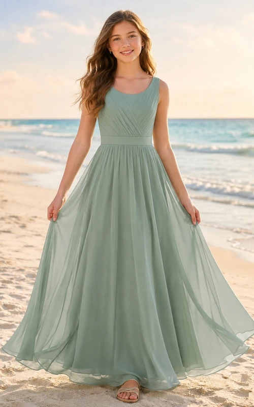 Mintgrünes Brautjungfernkleid für junge Mädchen, A-Linie, Rundhalsausschnitt, ärmellos, mit Falten, romantisch