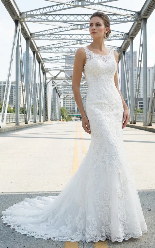 Robe de mariée sirène en dentelle avec manches illusion