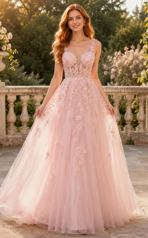 Rosewood Garden Blush A-Linien-Abendkleid aus ärmellosem Tüll in Juwelentönen, bodenlang, romantisch
