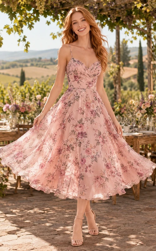 Blushing Pink Countryside Vineyard Wedding Guest Bridesmaid Cocktail Formal Dress A-Line Tea-Length Strapless Sweetheart Neck Sleeveless Organza Tulle Floral Print Embroidered Zipper Back