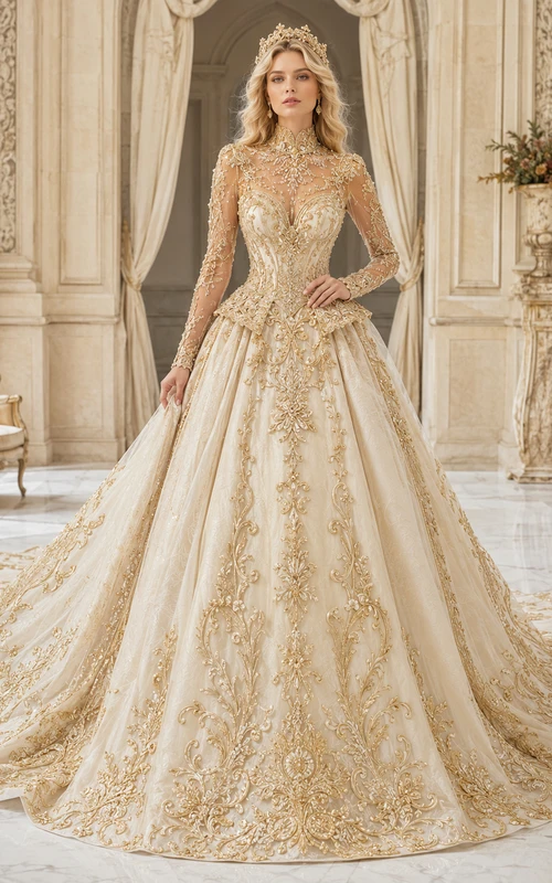 Robe de mariée de bal en dentelle perlée à manches longues et col montant, traîne cathédrale illusion