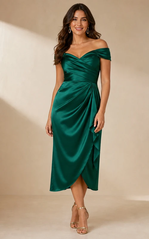 Robe fourreau en satin vert foncé à épaules dénudées
