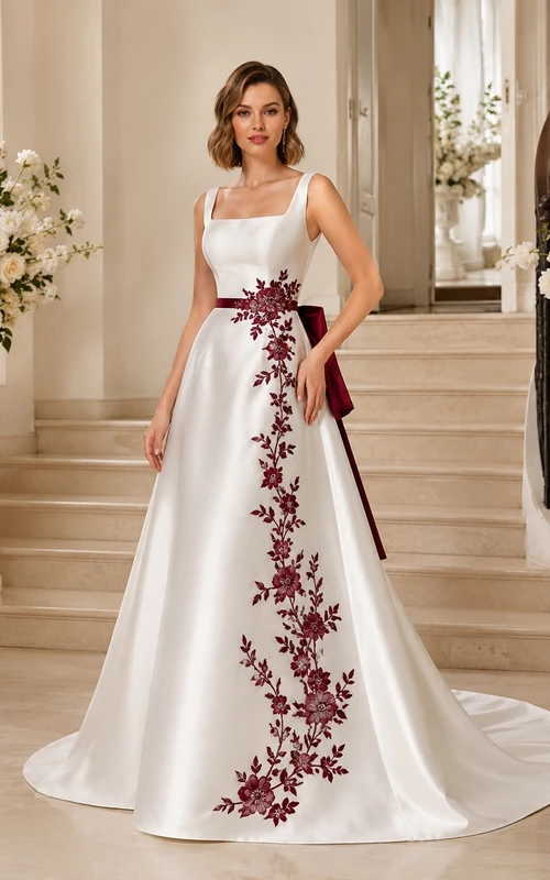 Burgunderfarbenes, mit Bändern besetztes Brautkleid in A-Linie, ärmellos, Kapellenschleppe, modern und elegant