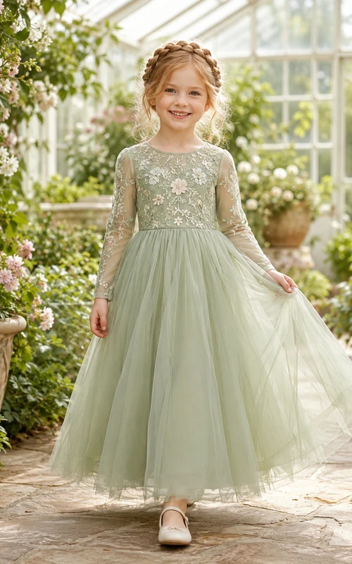 Robe Sage Flower Girl Boy en tulle et dentelle, coupe trapèze, col bijou, manches longues et broderie florale.