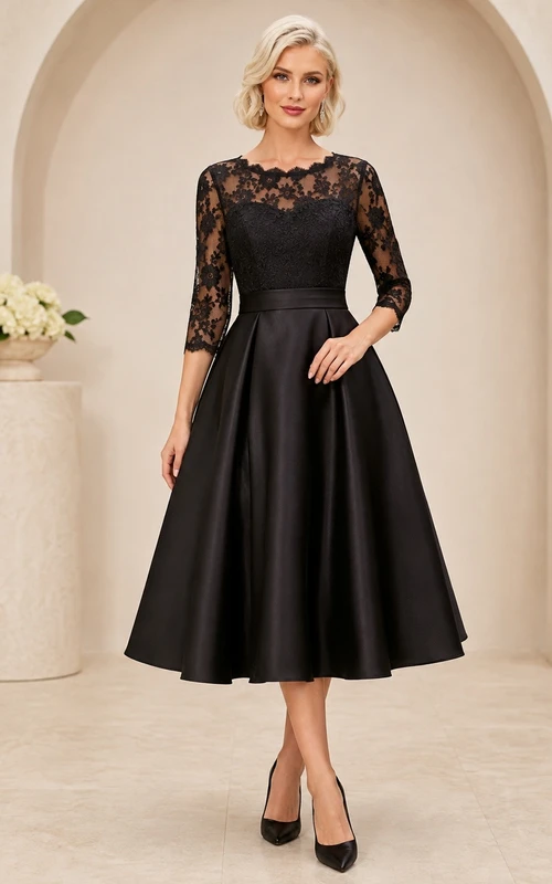 Black V-neck Illusion Sleeve Lace A-Line Tea-length Elegant Cocktail Dress