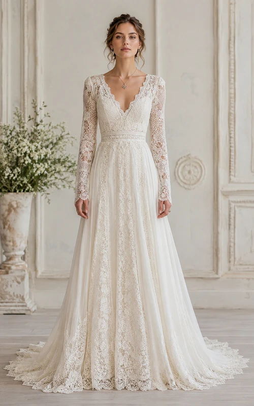 Vintage V-neck Long Sleeve Lace A-Line Wedding Dress