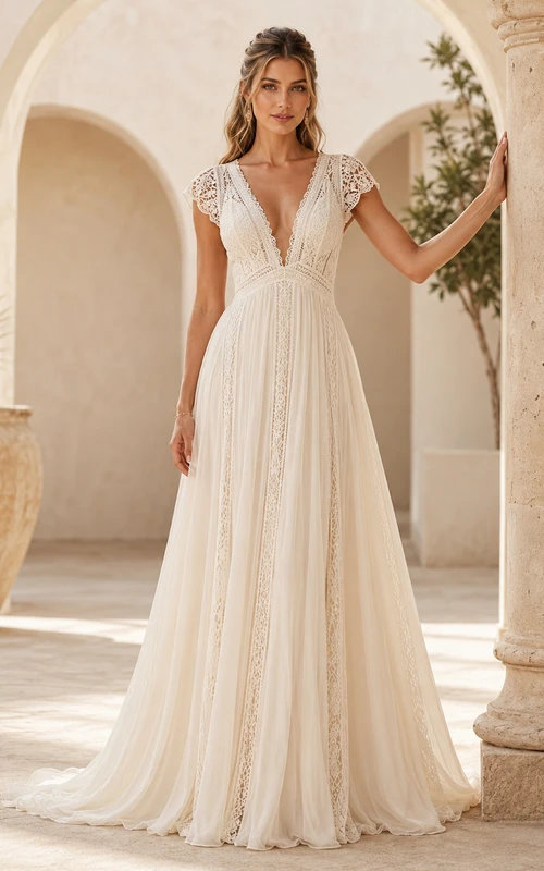 Boho Deep V-Neck Lace Cap Sleeve Chiffon A-Line Wedding Dress