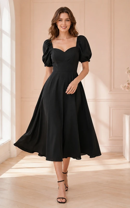 Romantic Black Sweetheart Puff Sleeve Satin Tea Length Cocktail Dress