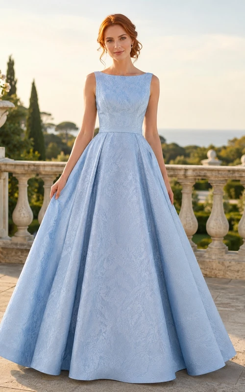 Sky Blue Taffeta Scoop Neck Sleeveless Ball Gown Floor-Length Elegant Formal Prom Dress
