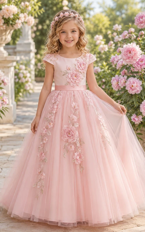 Romantisches rosafarbenes Blumenmädchenkleid mit Pfingstrosenmuster, kurzen Ärmeln, floralen Applikationen aus Tüll, A-Linien-Schnitt und bodenlangem Rock