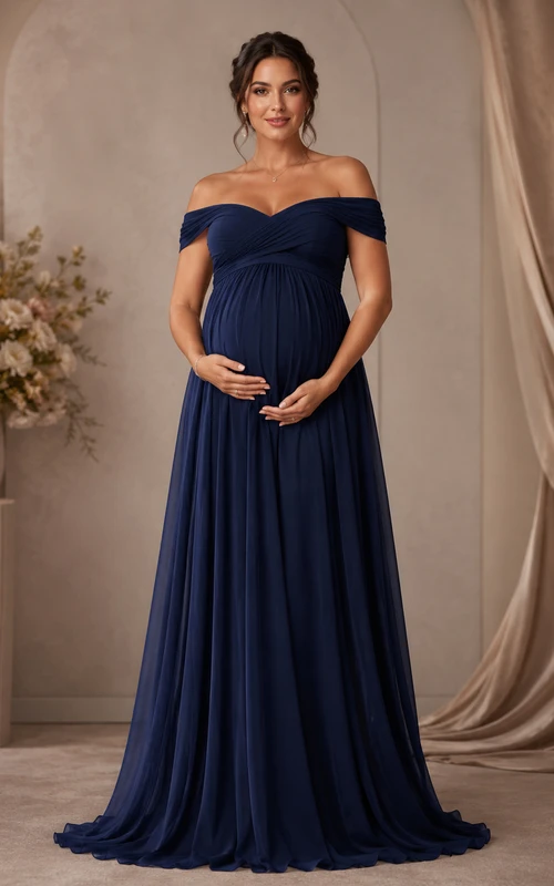 Vestido premamá de corte A con hombros descubiertos, manga corta y drapeado plisado, largo hasta el suelo.
