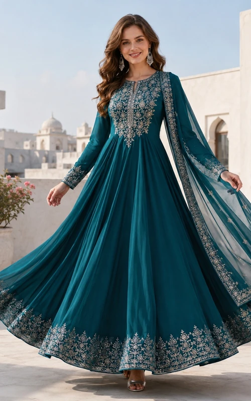 Vestido largo de gasa y encaje con escote en V y corte en A, estilo bohemio, estampado pavo real.