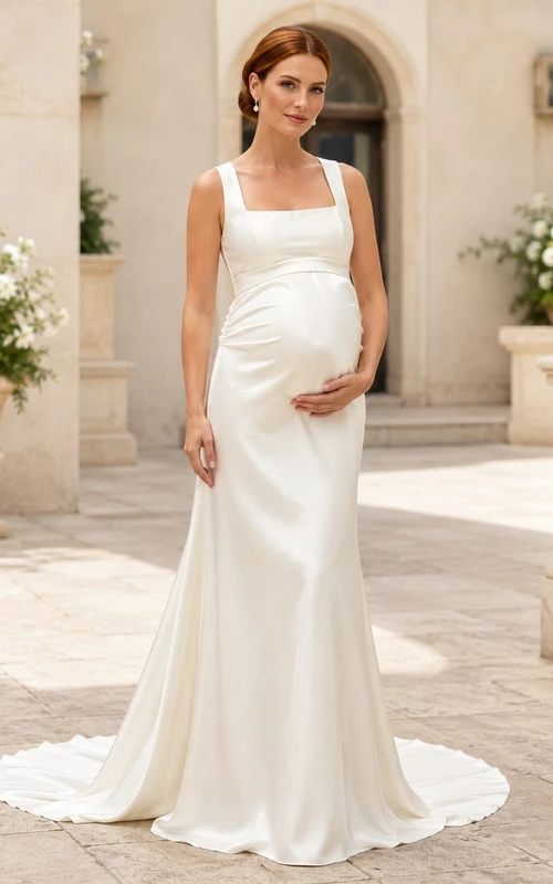 Brautkleid, quadratisch, ärmellos, aus Satin, bodenlang, drapiert, Umstandskleid