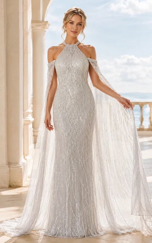 Vestido de novia bohemio elegante y romántico con escote halter y encaje.