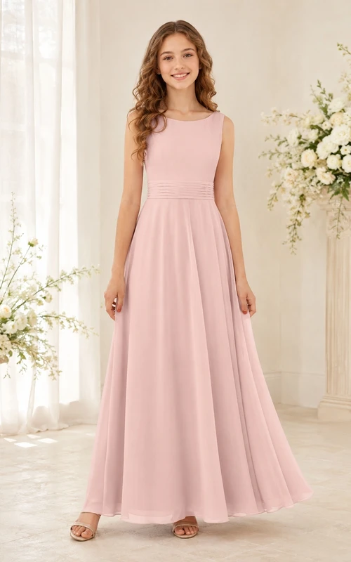 Zartrosa A-Linien-Kleid für junge Brautjungfern aus Chiffon mit geraffter Taille, ärmellos und elegant