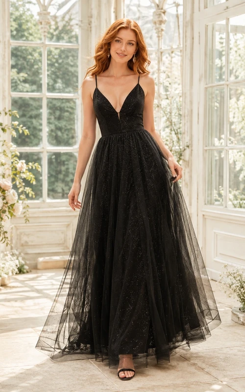 Black Tulle Spaghetti Strap V-Neck A-Line Sweep Train Evening Formal Dress