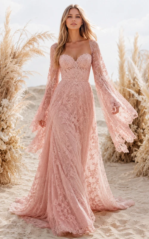 Vestido de novia bohemio de encaje con mangas acampanadas y hombros descubiertos en color rosa empolvado