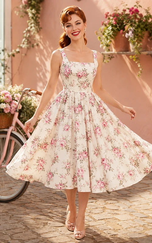 Vestido de cóctel vintage romántico de estilo jardín, largo midi, de tafetán blanco con estampado de rosas, escote cuadrado y tirantes.