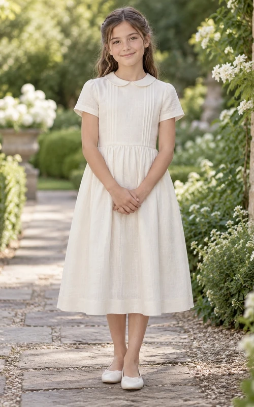 Simple Modest Ivory Tea-length Small Collar Short Sleeve Narrow Pintucked Flower Girl Dress