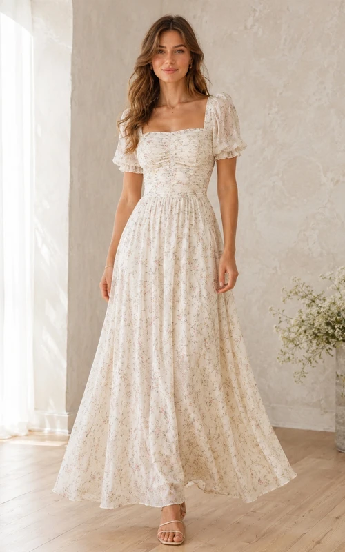 Cream Square Neck Puff Sleeve Floral Lace A-Line Floor-length Formal Dress