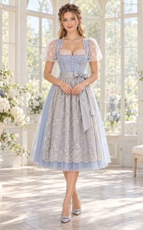 Robe Dirndl vintage bleue à col carré et manches courtes en dentelle, style tablier