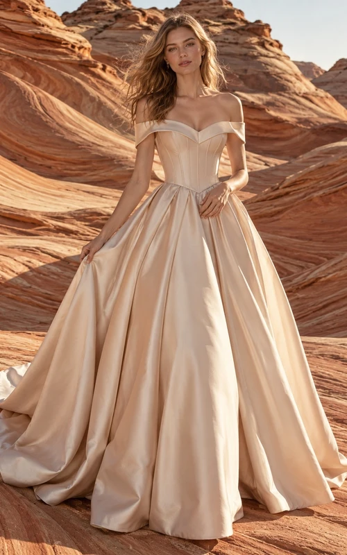 Vestido de novia largo de satén plisado con escote corazón y hombros descubiertos, color champán.