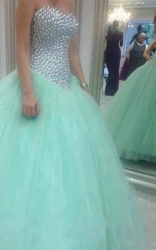 Glamouröse mintgrüne Brautkleider mit Herzausschnitt, Kristalltüll-Ballkleider und Abiballkleider