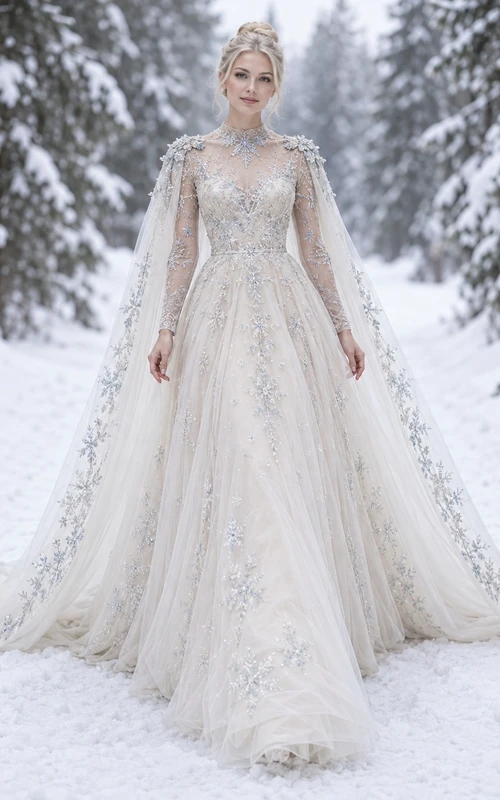 Vestido de novia de corte A con cuello alto, manga larga, color azul invierno y capa bordada con copos de nieve