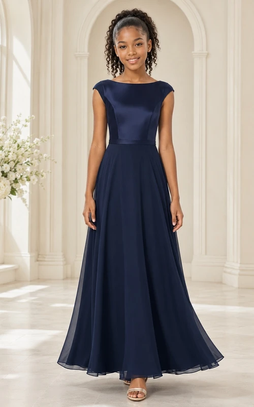 Dunkelblaues Brautjungfernkleid für junge Mädchen, A-Linie, U-Boot-Ausschnitt, ärmellos, Satin, schlicht und elegant
