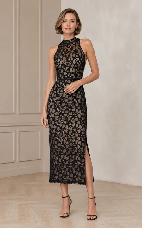 Elegant Black High Neck Sleeveless Lace Sheath Tea-length Dress