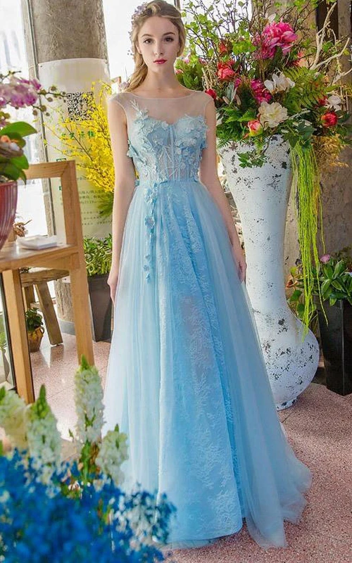 A-ligne Bateau Appliques Perles Dentelle Balayage Train Robe de Bal