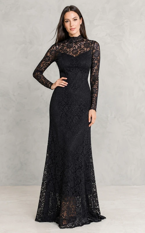Black Lace High Neck Long Sleeve Mermaid Gown