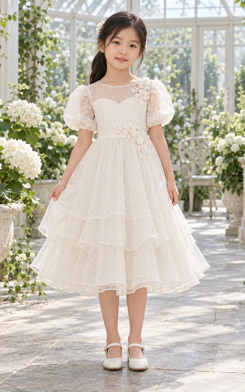 Tea-length Ivory A-line Lace Tulle Puff-sleeve Illusion Tiered Flower Girl Dress