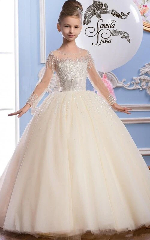 Ball Gown Tulle Scoop Illusion Sleeve Beading Flower Girl First Communion Dress
