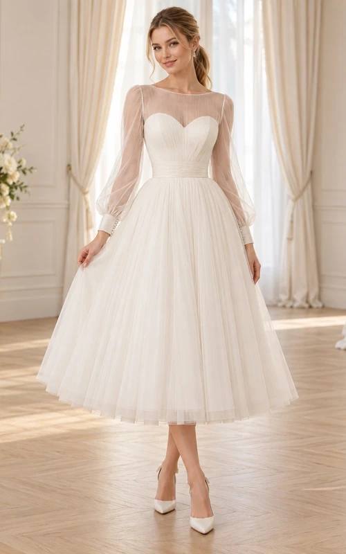 Tea-length Simple Long Sleeve Illusion Tulle A-line Civil Wedding Dress