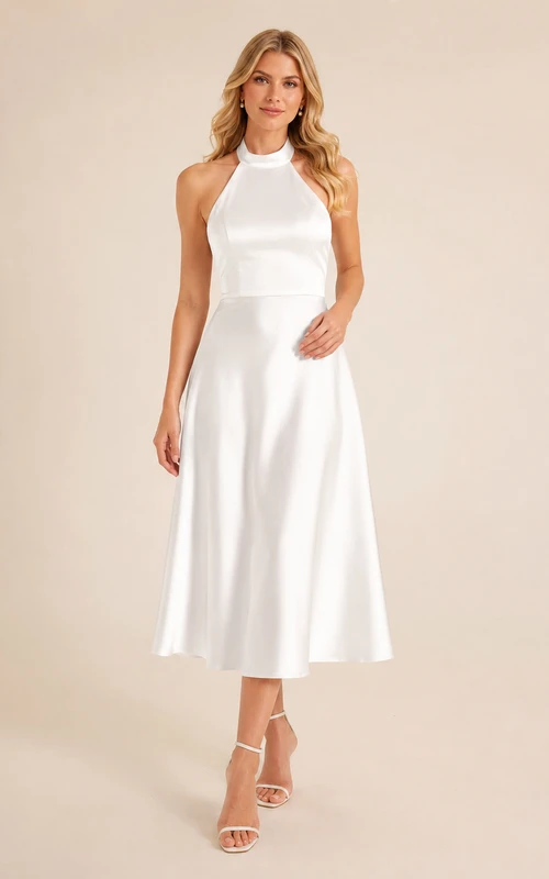 Pearl Halter White A-Line Tea-Length Sleeveless Satin Vintage Guest Dress