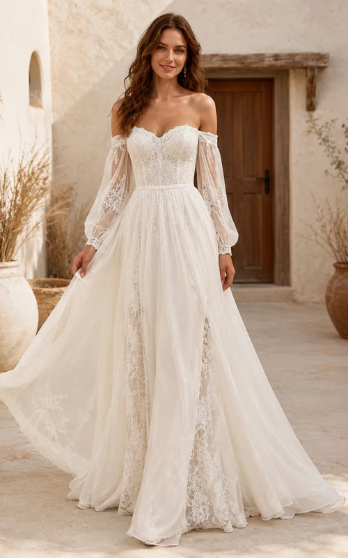 Robe de mariée bohème trapèze à épaules dénudées, décolleté cœur, manches longues en dentelle, traîne balayée