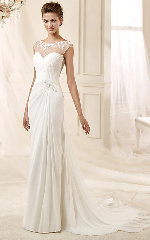 Cap Sleeve Draping Chiffon Wedding Dress Styles With Bandage Waist And Illusive Neckline