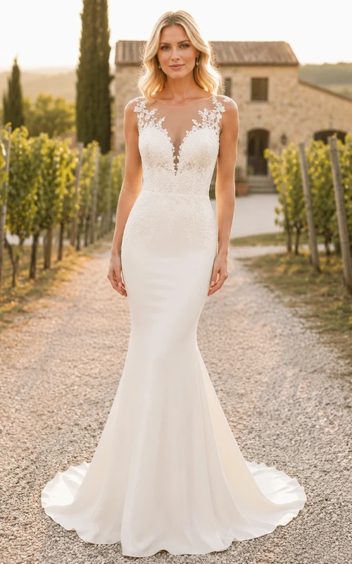 Elegant Illusion Lace Abito Sposa Mermaid Bateau Sleeveless Sweep Train