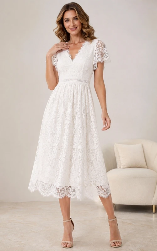 Weißes, kurzes A-Linien-Midikleid aus Spitze mit V-Ausschnitt und kurzen Ärmeln