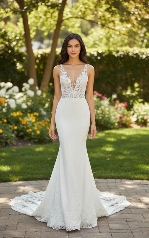 Brautkleid mit V-Ausschnitt, Spitze, taillierter Silhouette und ausgestelltem Rock