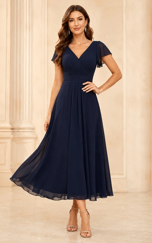 Vestido de noche formal largo hasta los tobillos, de gasa plisada, con escote en V, mangas tipo pétalo y cuello en V, color azul marino oscuro.